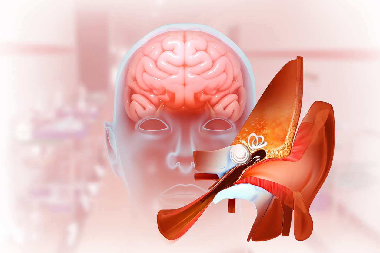 The anatomical structure of the human ear, sound wave and ear with middle ear, otitis, auditory canal, ear pain, auditory canal and cochlea nerve, 3d illustration