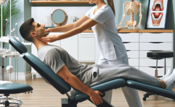 DALL·E 2024-01-24 12.49.59 - A modern physiotherapy clinic focusing on myofunctional therapy. The scene shows a therapist working with a patient on facial and jaw exercises, surro