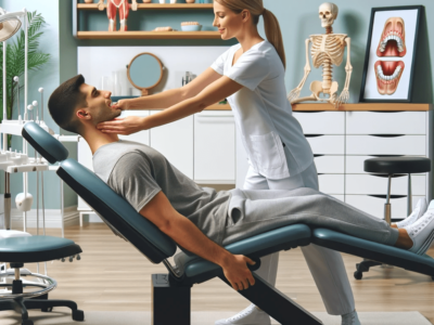 DALL·E 2024-01-24 12.49.59 - A modern physiotherapy clinic focusing on myofunctional therapy. The scene shows a therapist working with a patient on facial and jaw exercises, surro