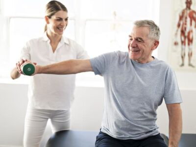 A Modern rehabilitation physiotherapy worker with senior client